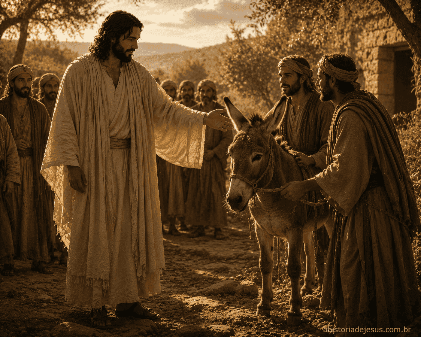 Jesus enviando discípulos para buscar o jumentinho
