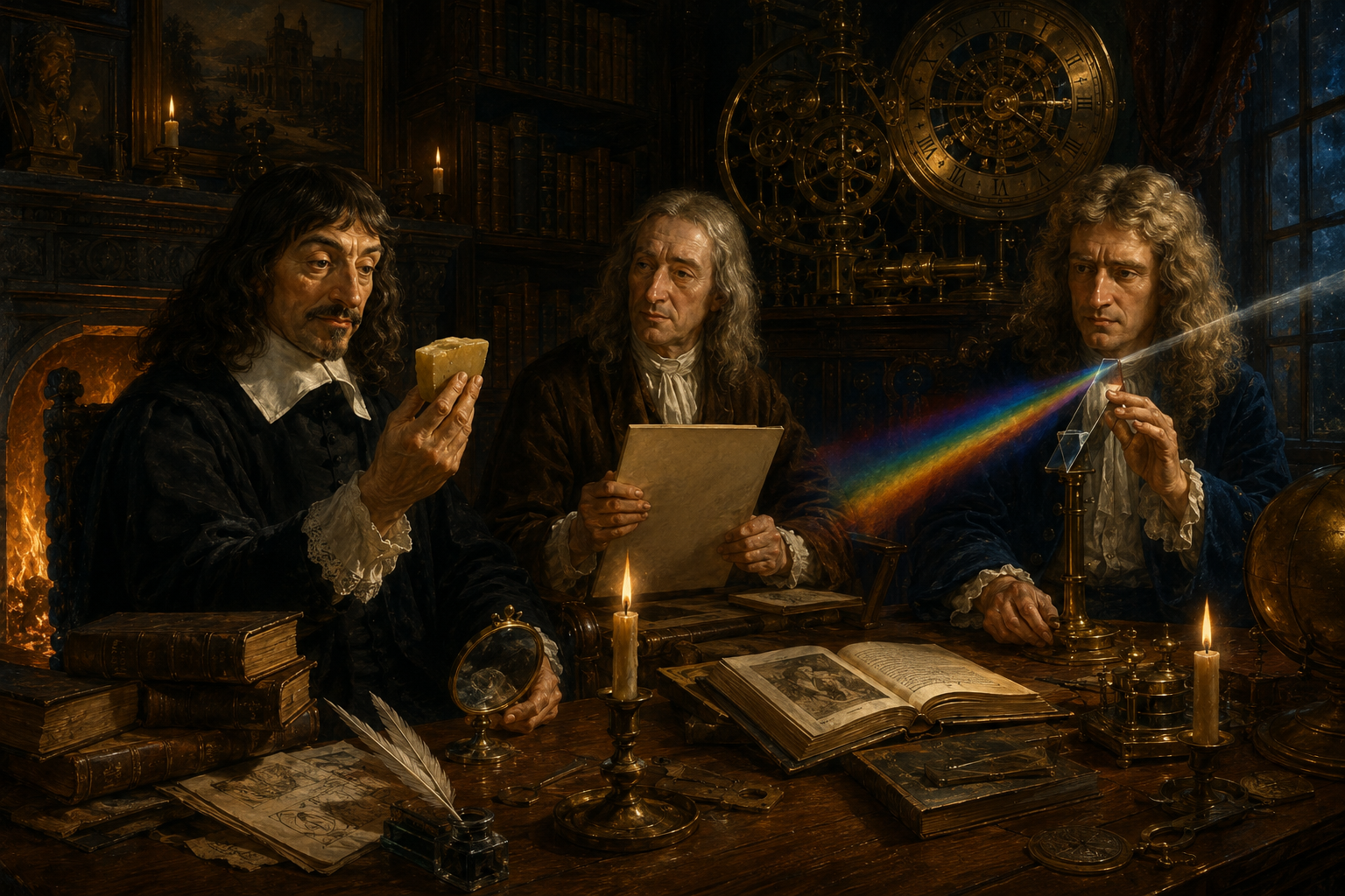 A Era Moderna: René Descartes à lareira examinando o pedaço de cera, John Locke segurando a folha em branco da tábula rasa e Sir Isaac Newton decompondo a luz solar com o prisma de cristal ao lado do mecanismo astronômico de precisão.