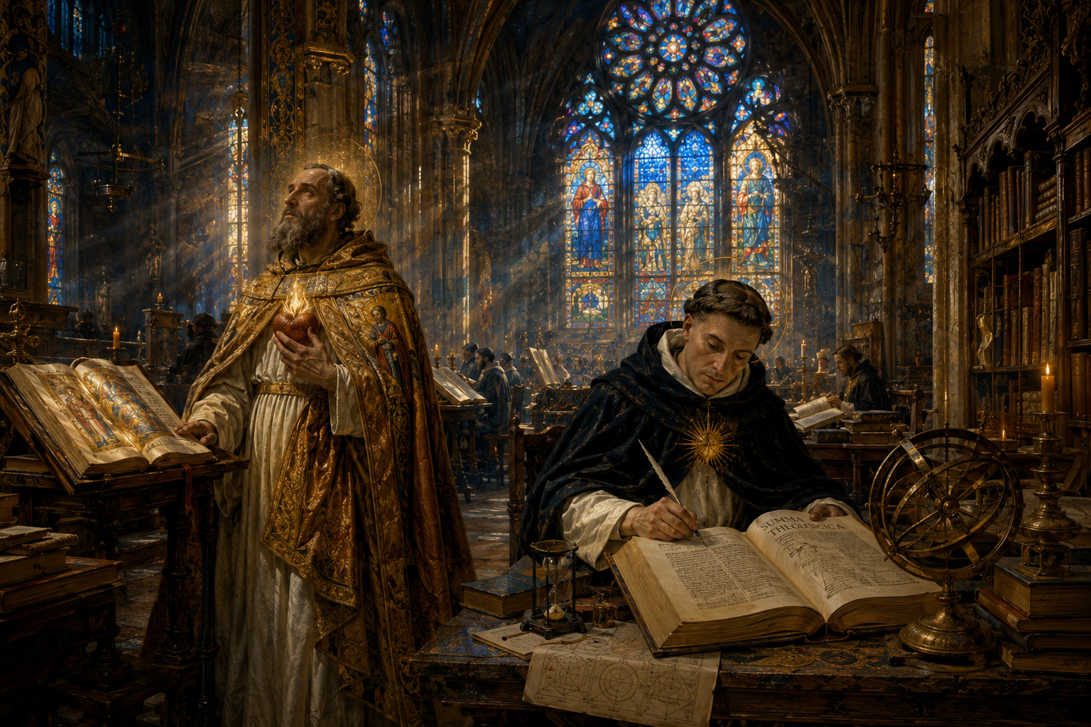 A Síntese Medieval: Santo Agostinho em contemplação com o coração ardente e o códice iluminado à esquerda, e São Tomás de Aquino redigindo a Suma Teológica no scriptorium da catedral gótica à direita.