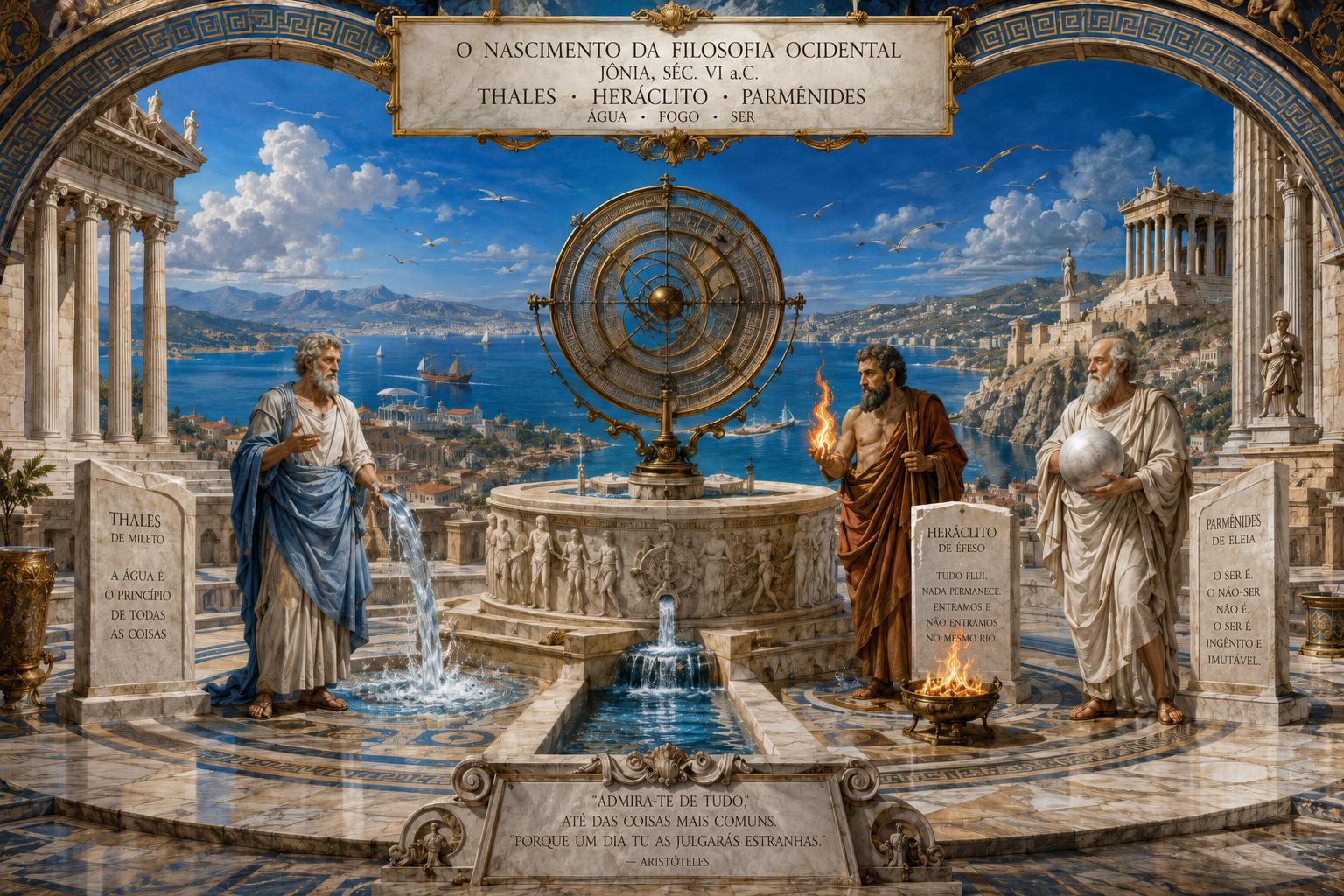 O Nascimento da Filosofia Ocidental na Jônia (séc. VI a.C.): Thales de Mileto com a Água, Heráclito de Éfeso com o Fogo e Parmênides de Eleia com a Esfera do Ser.