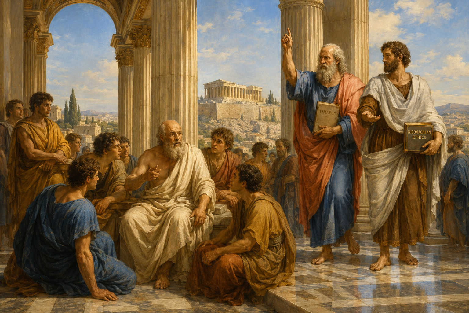 A Tríade Ateniense: Sócrates na Ágora com os jovens discípulos, Platão apontando o dedo ao Céu Inteligível com o Timeu e Aristóteles com a mão estendida à Terra com a Ética a Nicômaco, com o Partenon ao fundo.