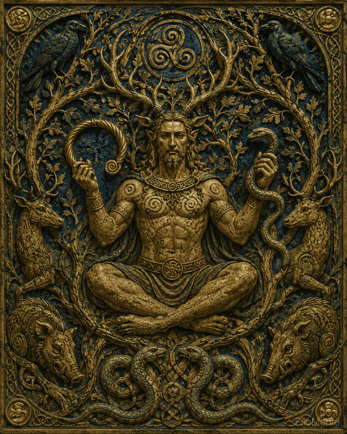 Cernunnos sentado entre galhos, com galhada de cervo, segurando um torque e uma serpente.