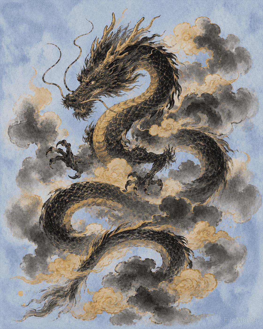 Dragão Long entre nuvens estilizadas, em técnica de pintura sumi-e.