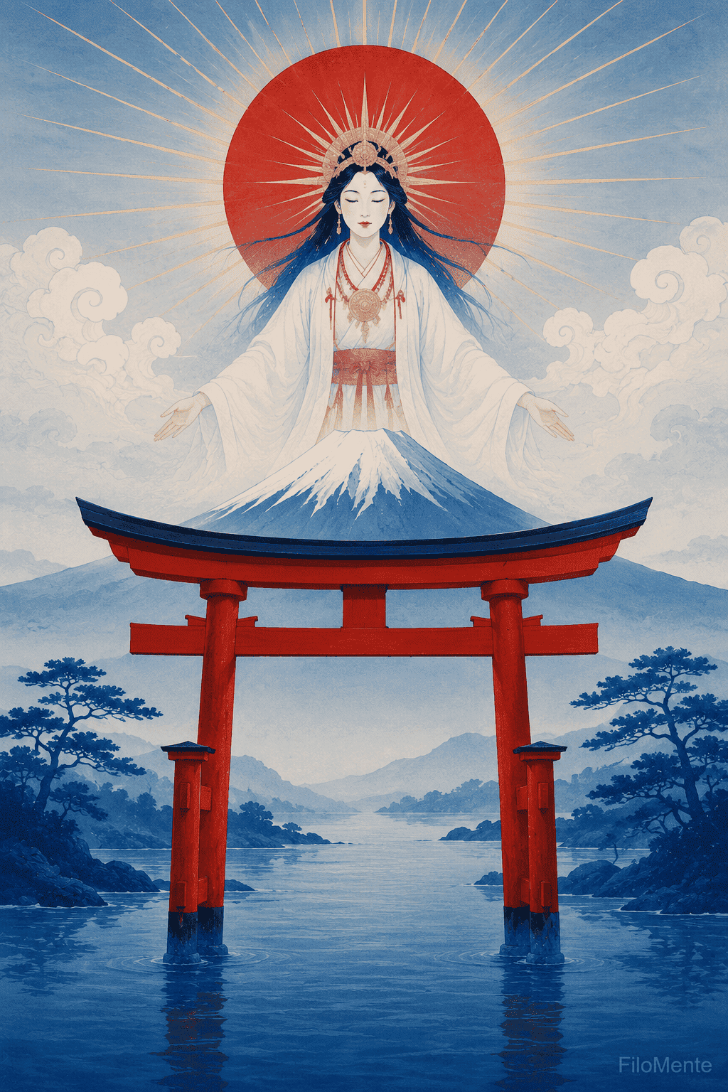 Torii vermelho em primeiro plano, montanha Fuji ao fundo, Amaterasu estilizada com raios solares.