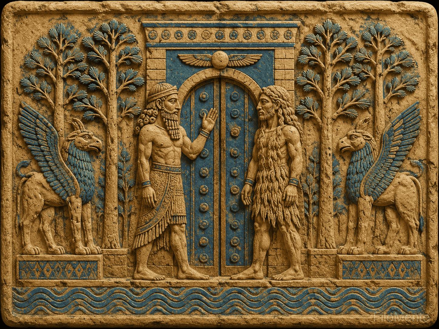 Selo acádio com Gilgamesh e Enkidu diante do portão do bosque dos cedros.