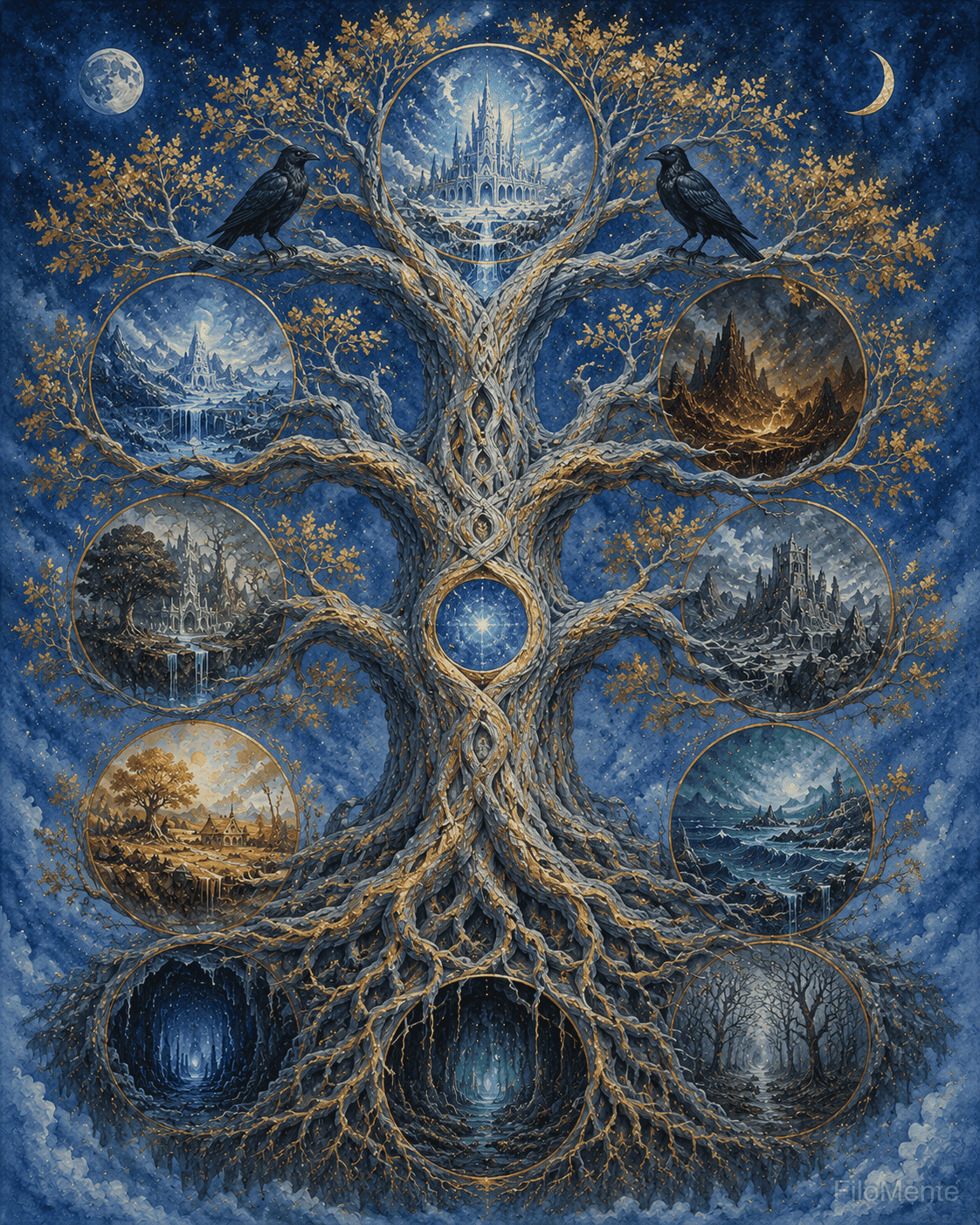 Yggdrasil estilizada com os nove reinos; Odin pendurado na árvore com uma lança; corvos Huginn e Muninn sobre os ombros.