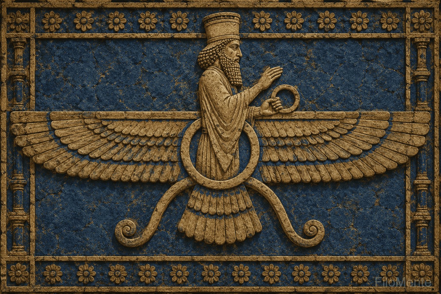 Faravahar — o símbolo alado do zoroastrismo, com o círculo central, as asas e a cauda em volutas.